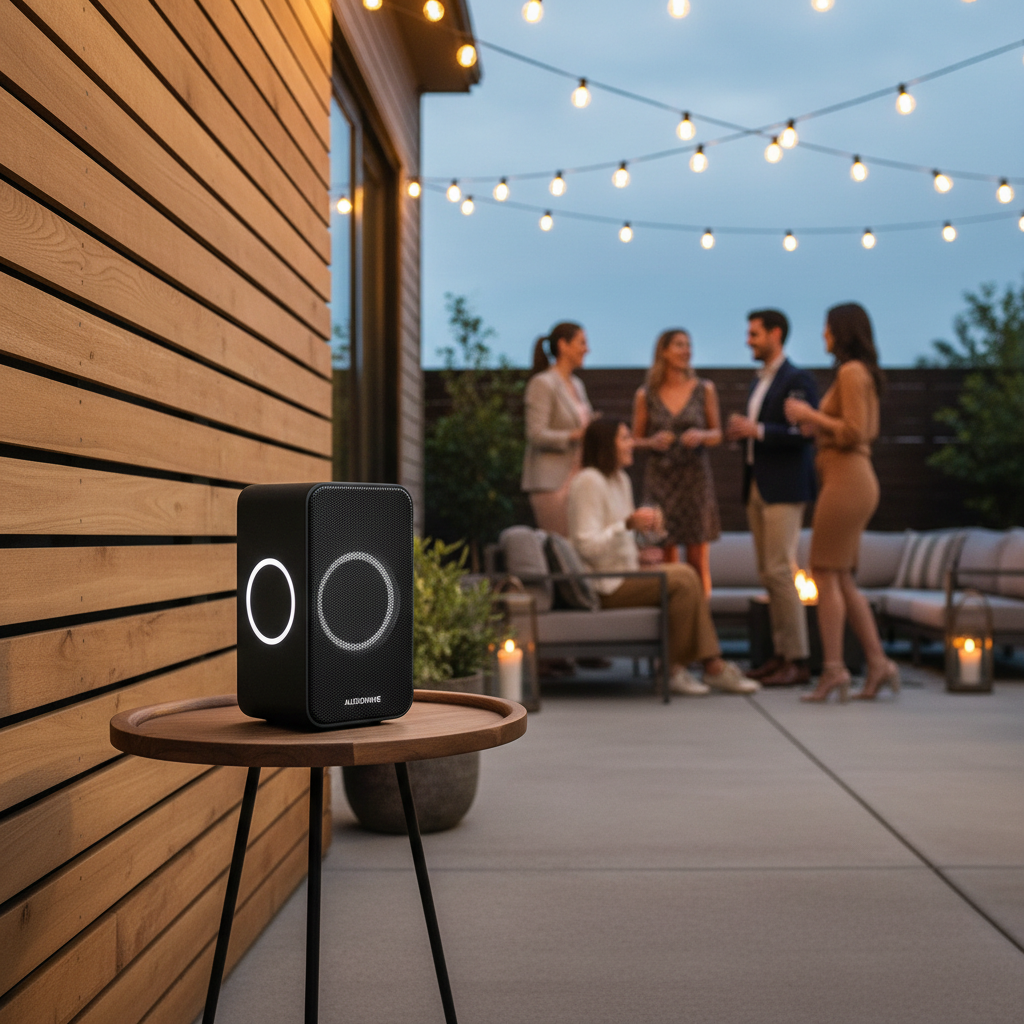 Outdoor party speaker placement tips on a patio with people in the background