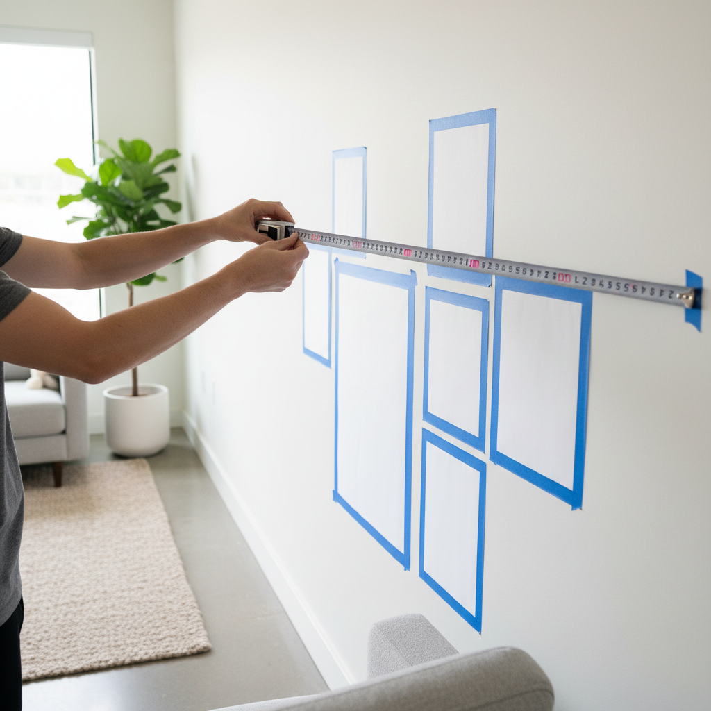 Measuring and taping a gallery wall layout for living room art prints