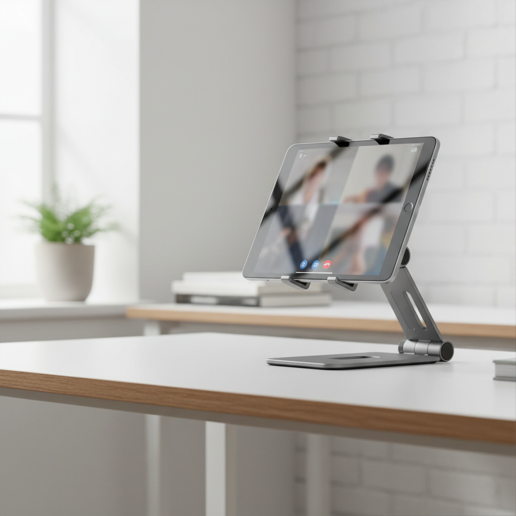 Tablet on a budget stand set up for a video call at eye level