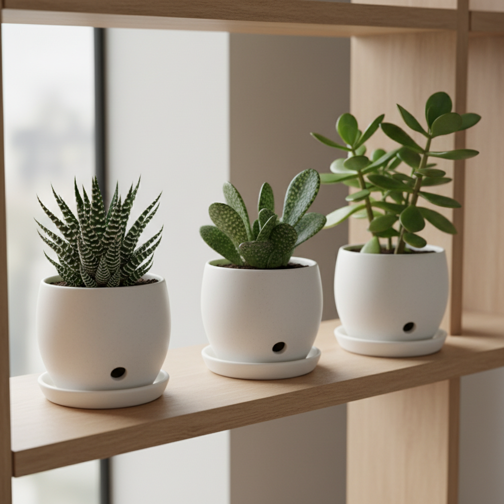 Close-up of small succulents in matching pots with drainage on a shelf