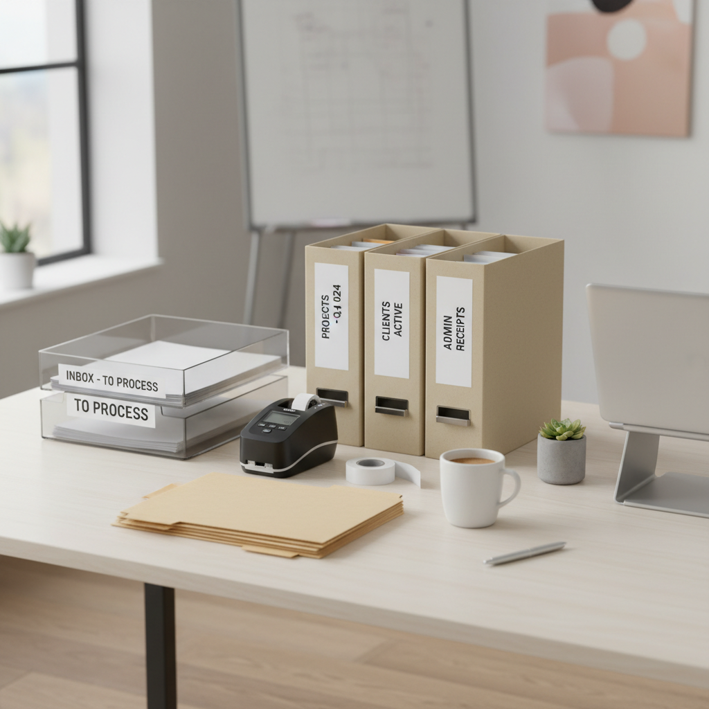 Step-by-step office filing system setup with folder labels and a document inbox tray