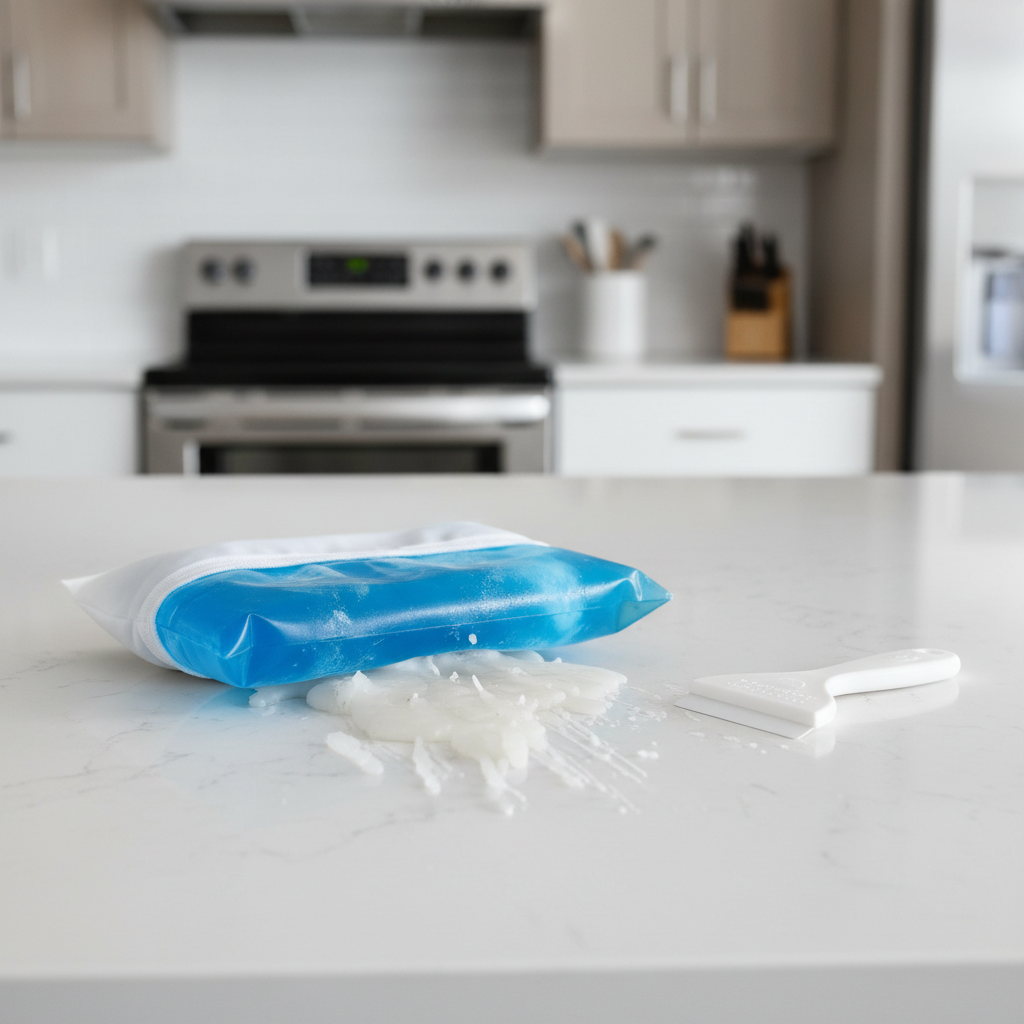 Using an ice pack to harden candle wax drips on a tabletop for easy removal
