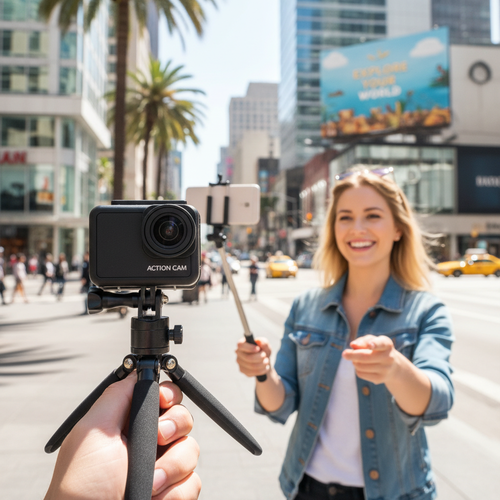 Budget action camera filming a travel vlogging setup outdoors