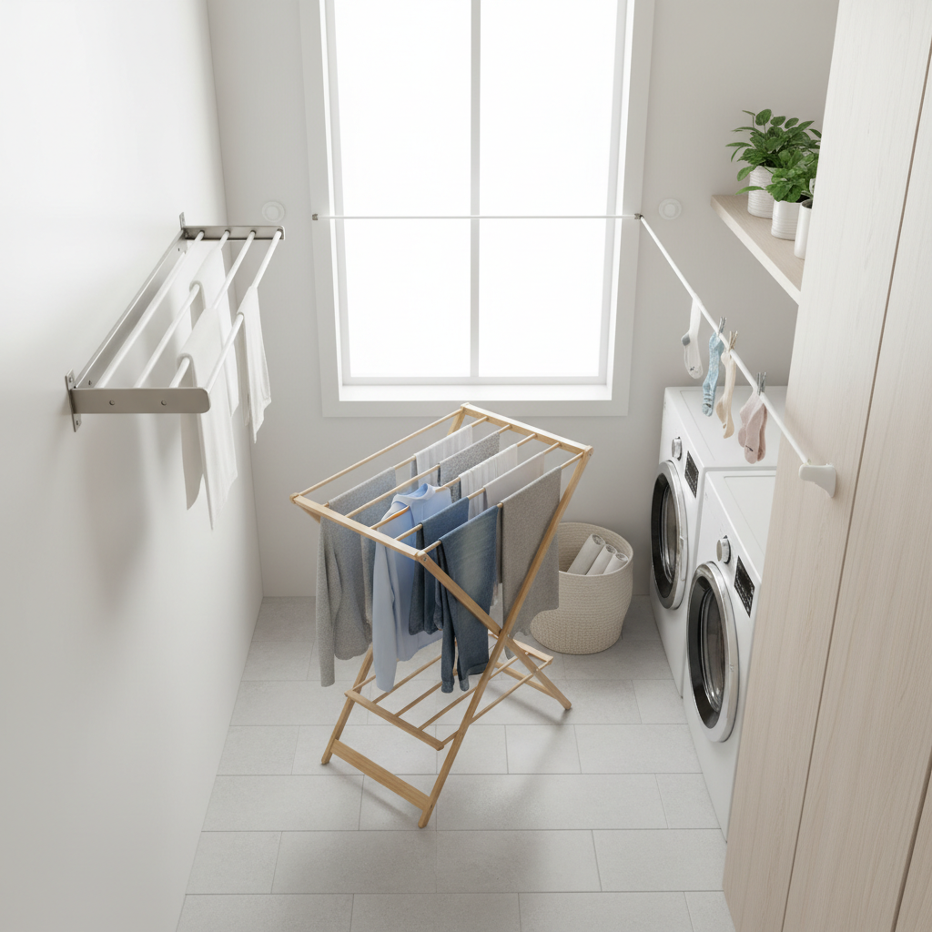 Comparison of compact drying rack options in a small laundry room layout
