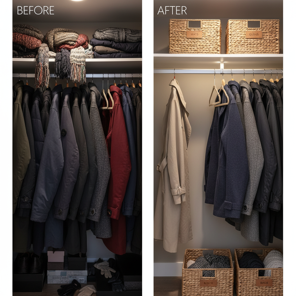 Before and after small closet organization with winter coat hooks and accessory bins