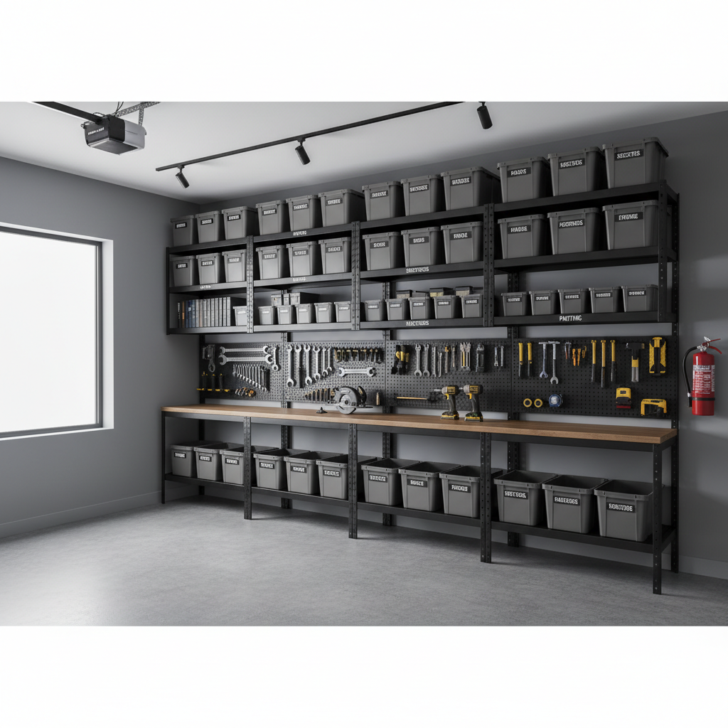 Industrial style storage bins on metal shelving in a garage tool area