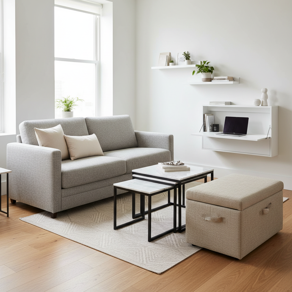 Modern small apartment with multi functional furniture layout