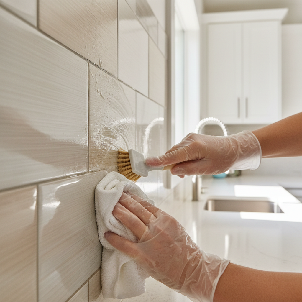 Cleaning greasy kitchen tile backsplash and grout lines with a soft brush