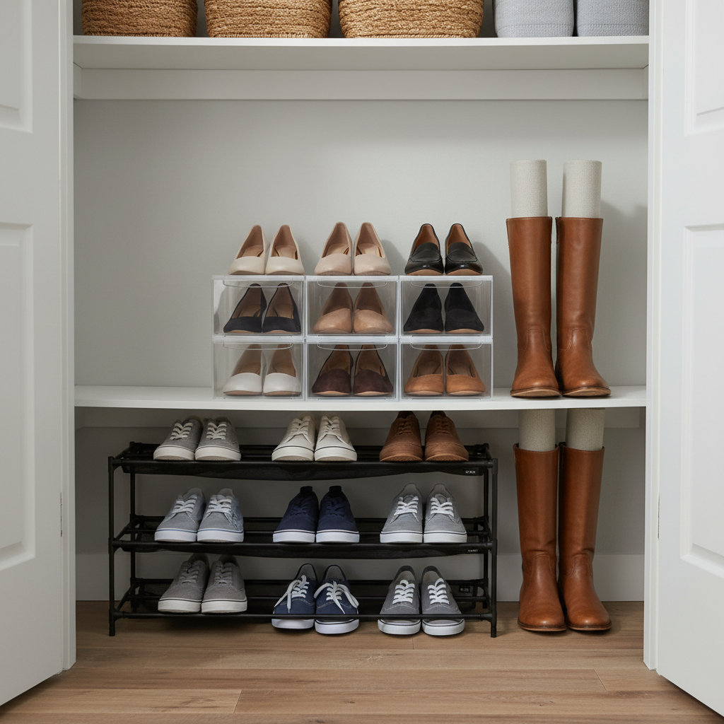 Vertical shoe storage options in a small closet including slim rack, clear bins, and boot shapers