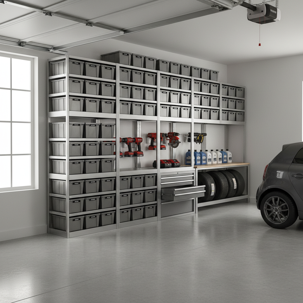 Industrial style shelving units installed along a garage wall with labeled storage bins