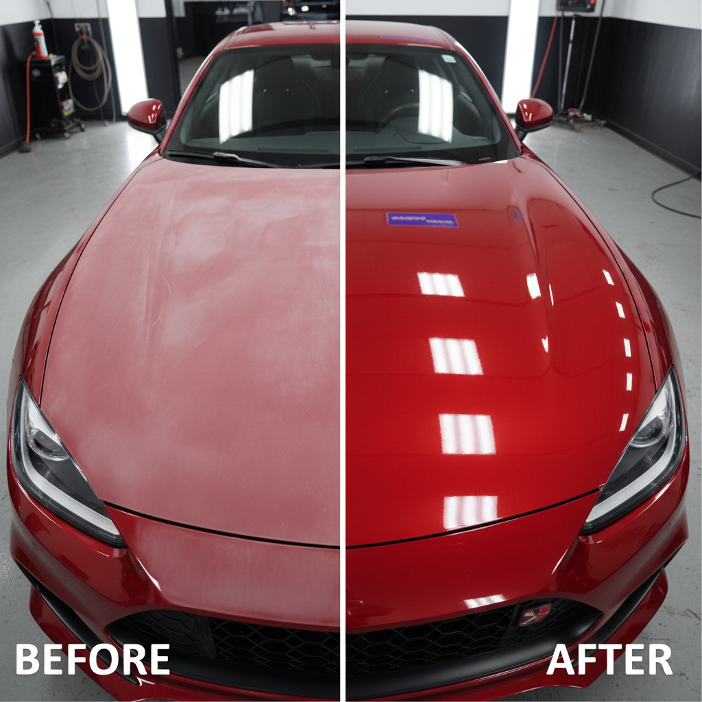 Before and after comparison of faded car hood restored to glossy finish after polishing
