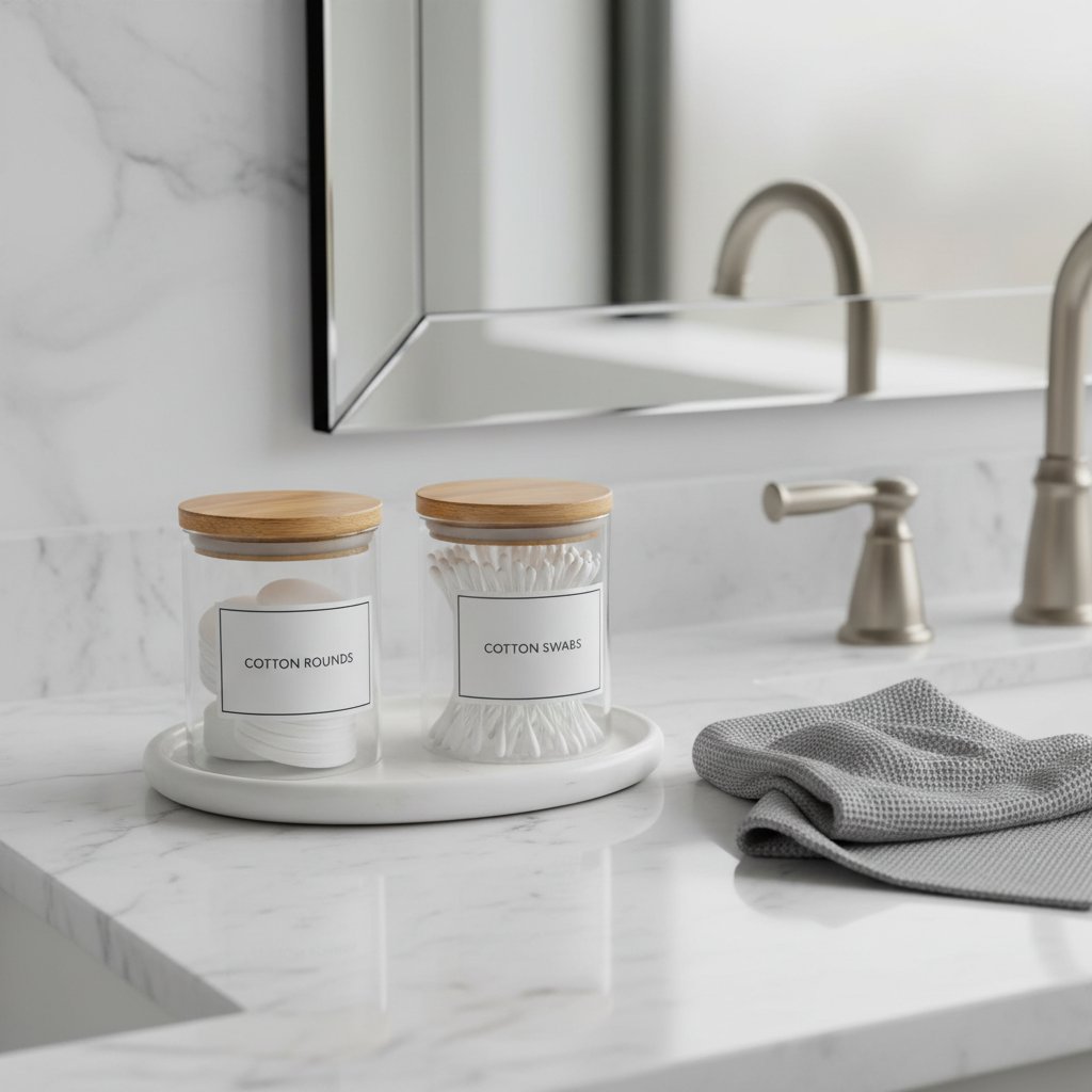 Bathroom organization setup with a tray holding labeled glass jars and easy-to-clean layout
