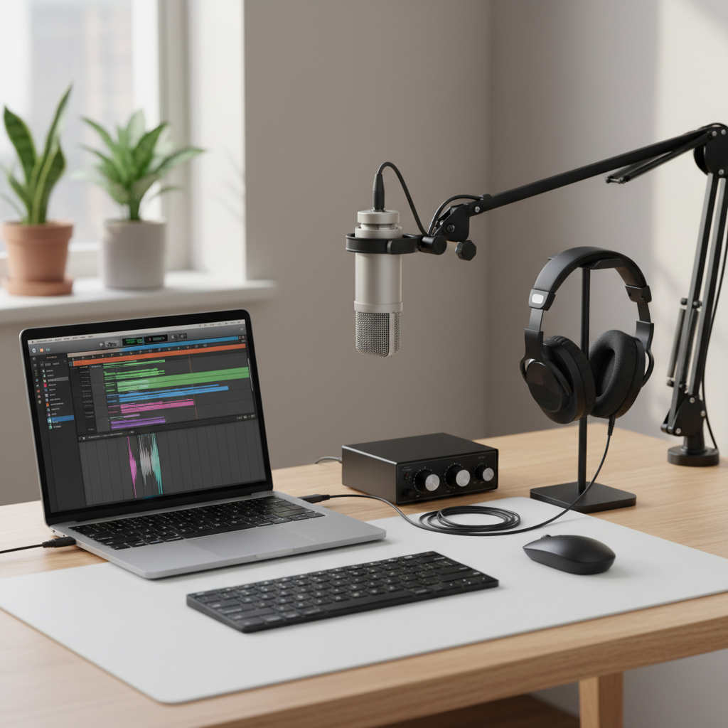 Home studio desk with audio interface and wired headphones for monitoring