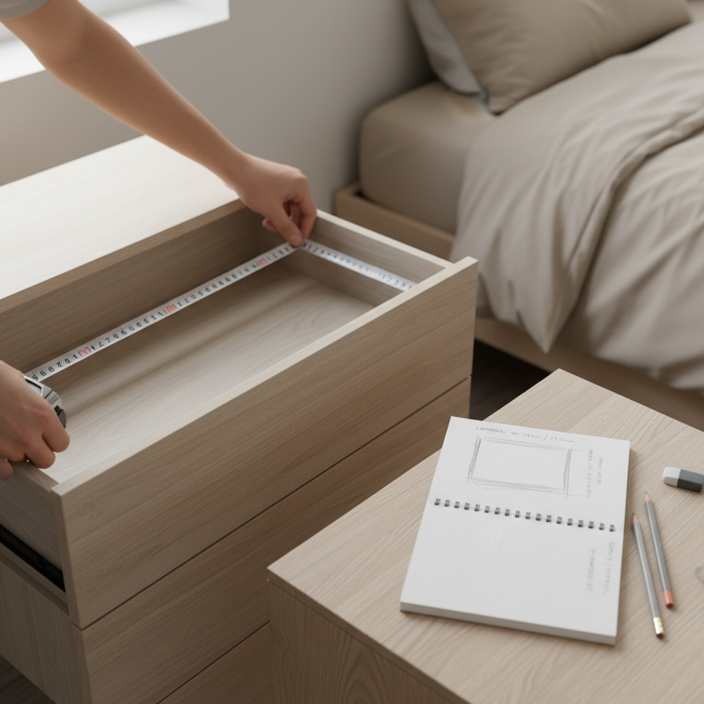 Measuring a dresser drawer for jewelry organizer inserts with measuring tape and notebook