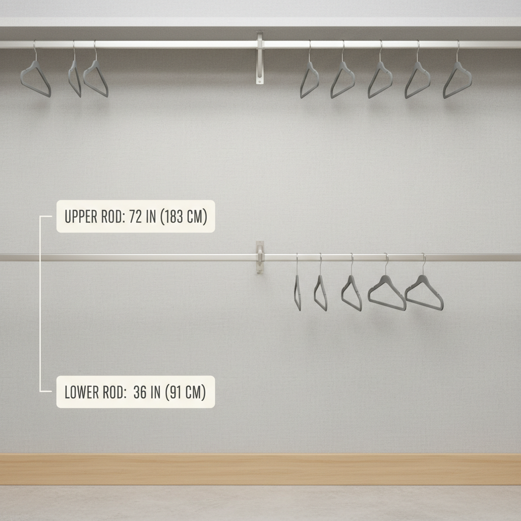 Recommended double closet rod heights diagram in a small walk-in closet