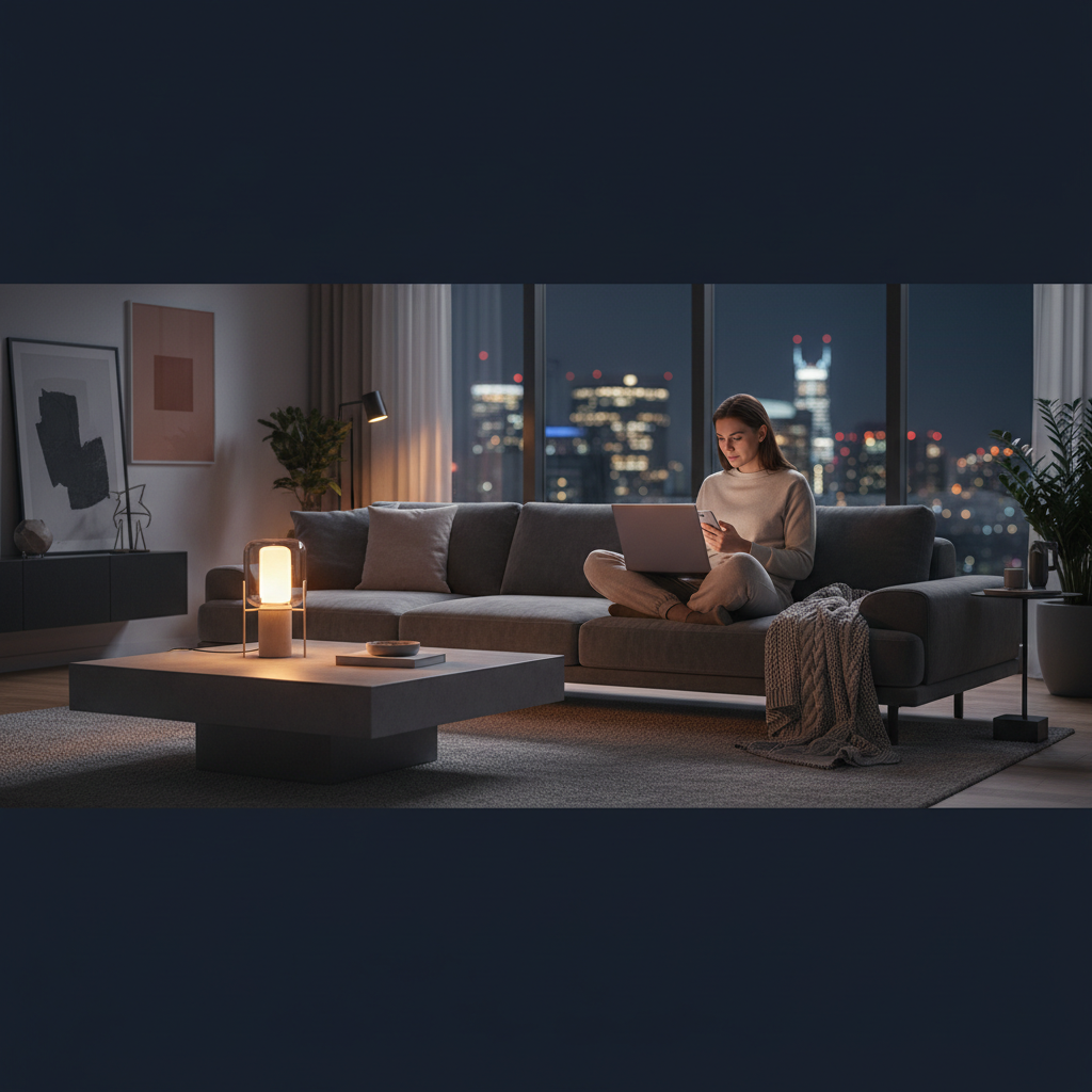 Comfortable evening screen setup with warm light and reduced glare for blue light reduction
