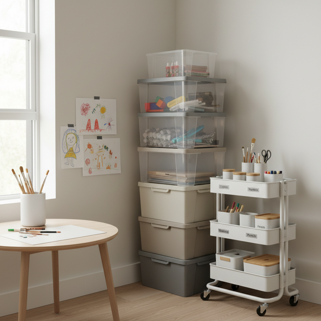 Small-space kids art supply storage with clear bins and labeled containers