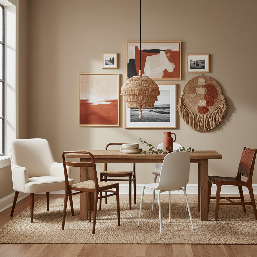 Eclectic dining room with mixed chairs cohesive color palette and statement pendant light