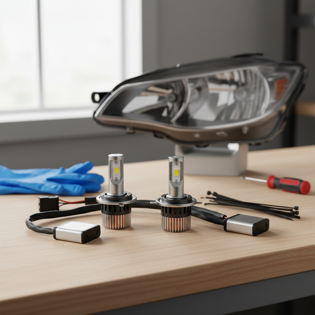 LED headlight bulb conversion parts laid out on a workbench