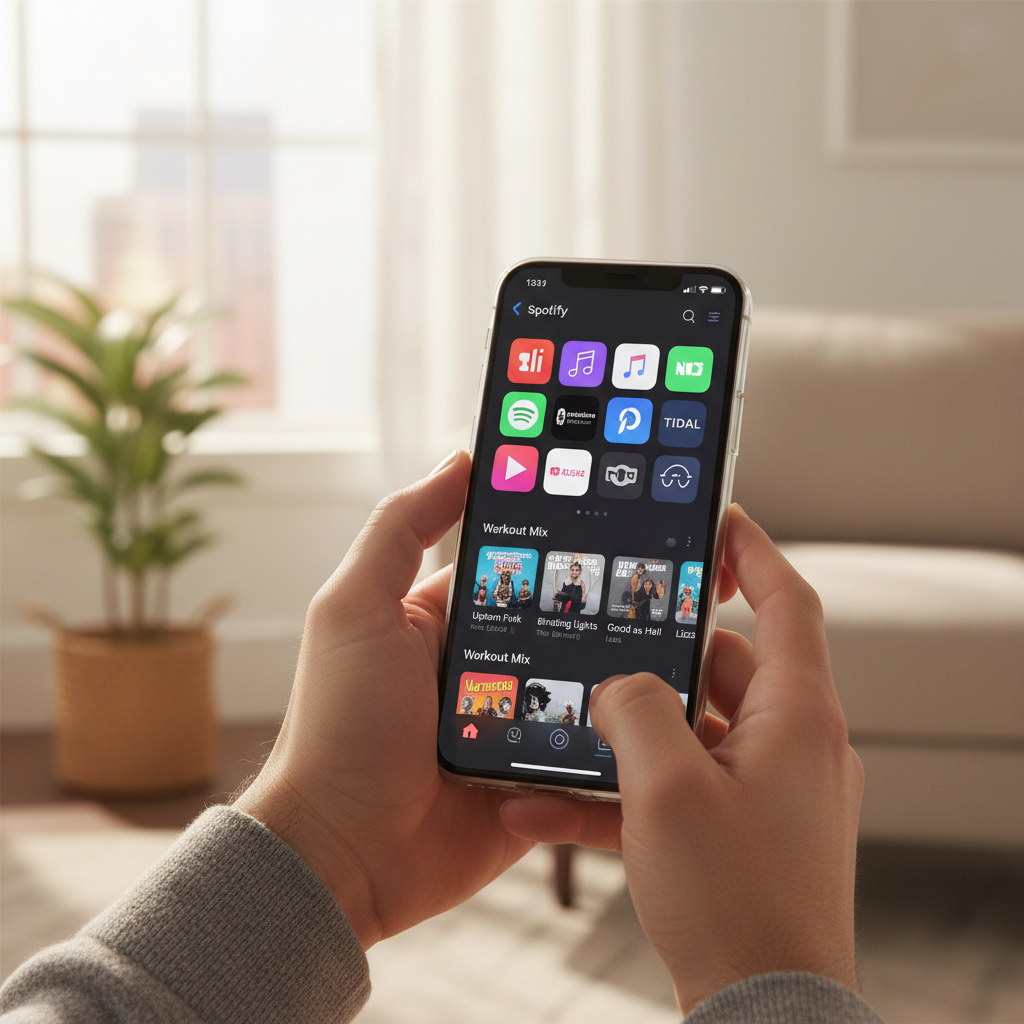 Comparison of free music streaming apps on a smartphone in 2026