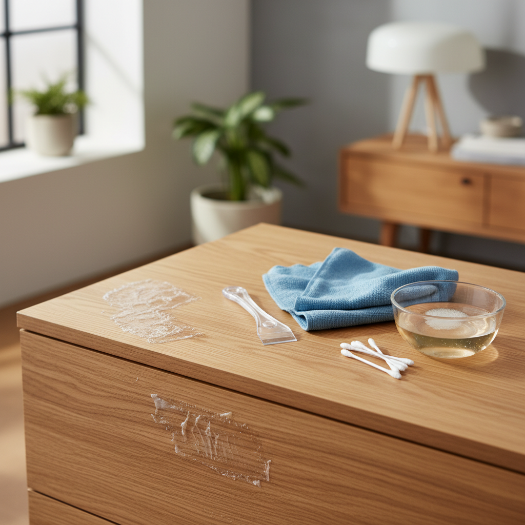 Sticker residue on a wooden dresser with safe removal tools nearby
