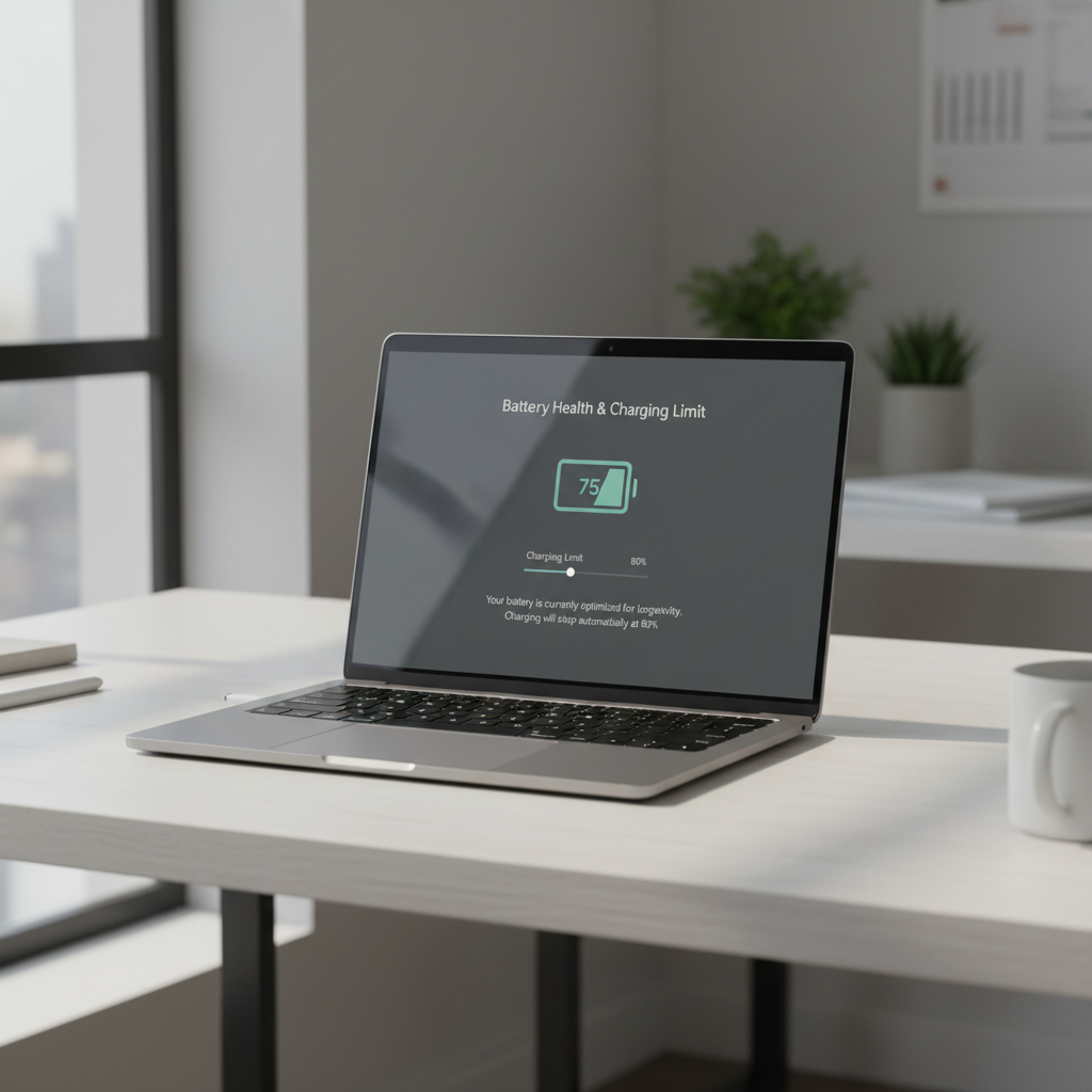 Laptop on desk showing battery health and charging settings