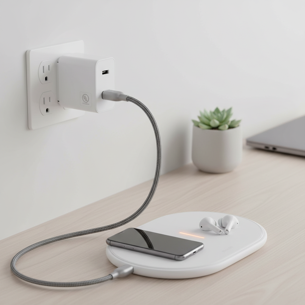 Wall adapter and USB-C cable powering a dual wireless charger safely on a desk