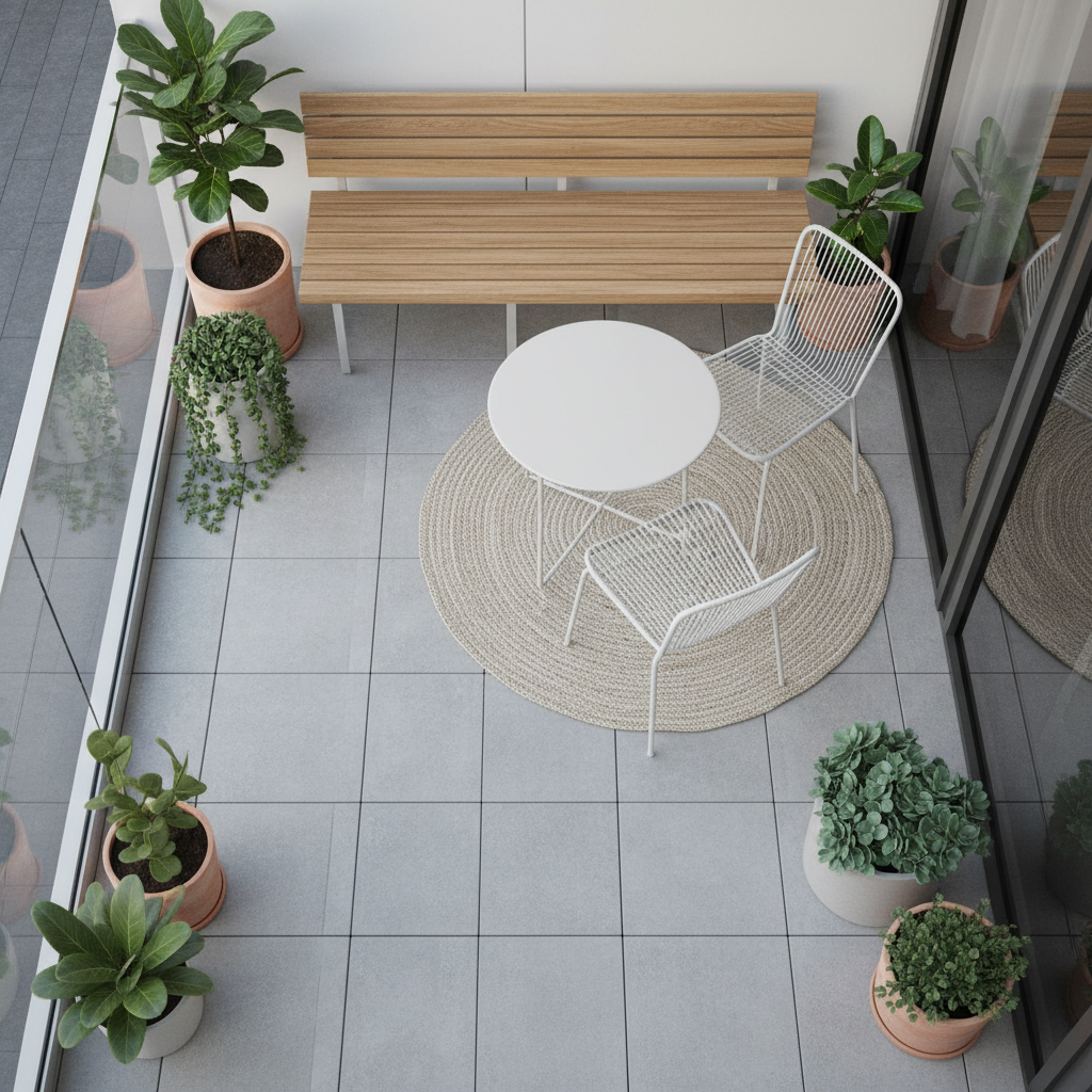 Diagram-style view of compact balcony furniture layout with clear walkway