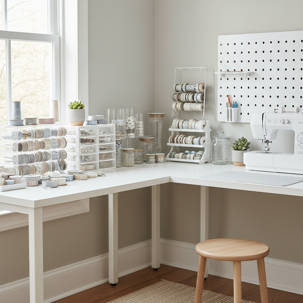 Organized craft ribbons and washi tape storage on a clean craft desk