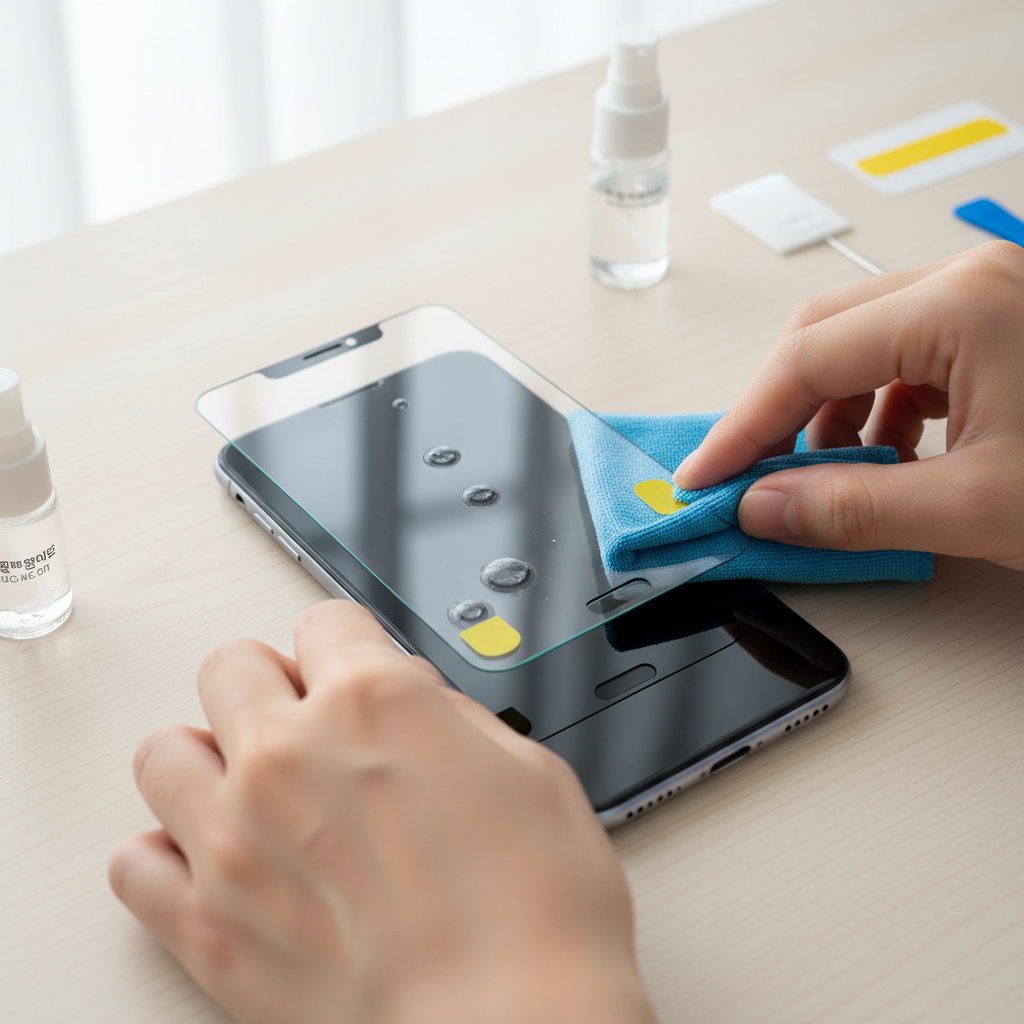 Removing dust and bubbles during screen protector installation with microfiber and sticker