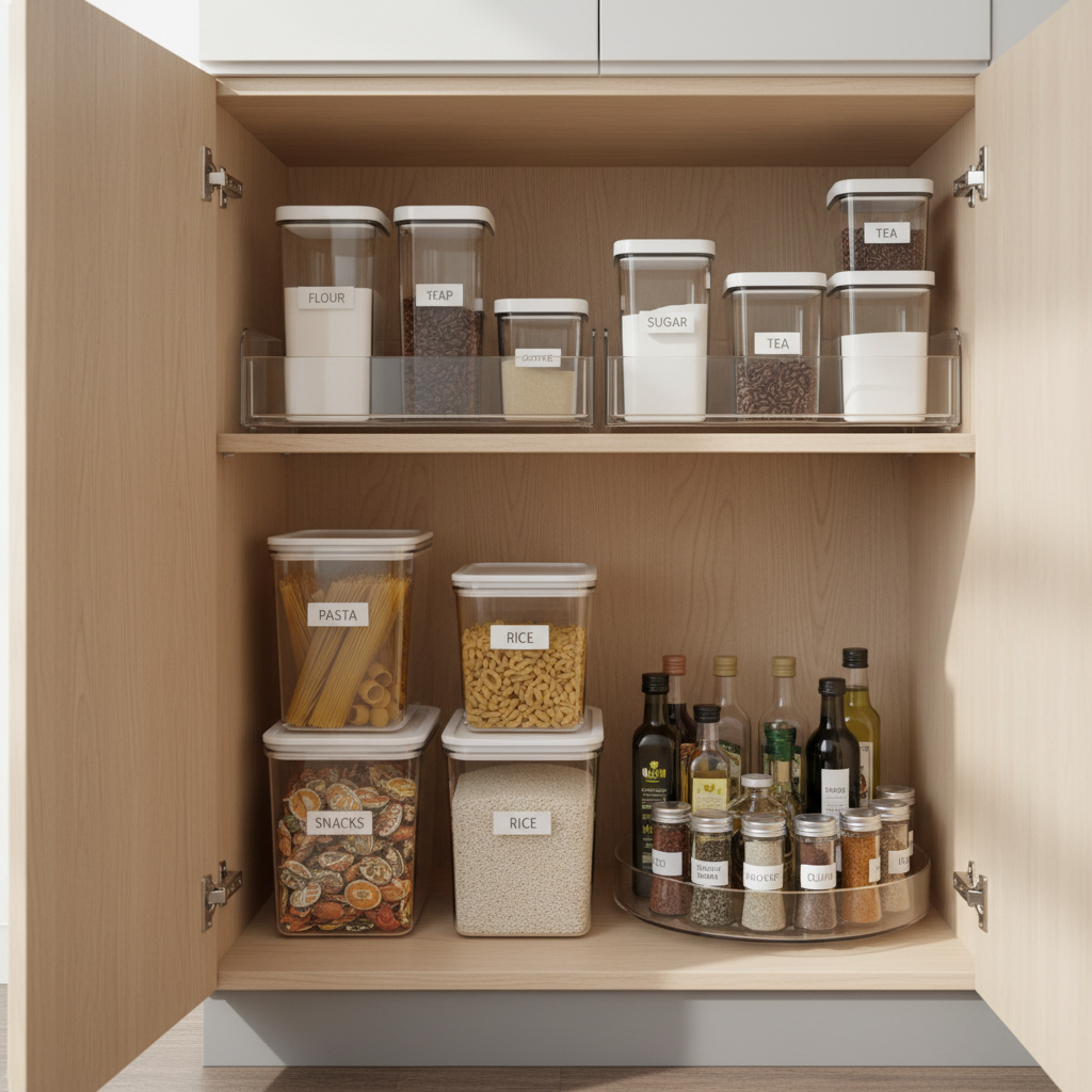 Organized small kitchen cabinet with risers, clear bins, and labeled containers