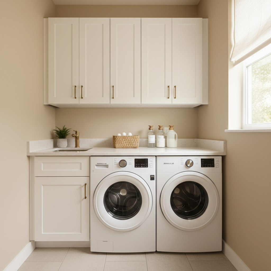 Small laundry nook with wall cabinets installed above washer and dryer