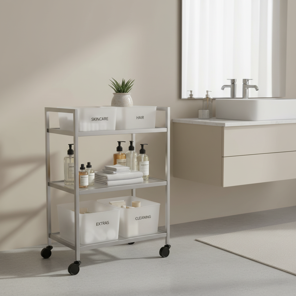 Organized slim rolling cart for bathroom storage with labeled bins
