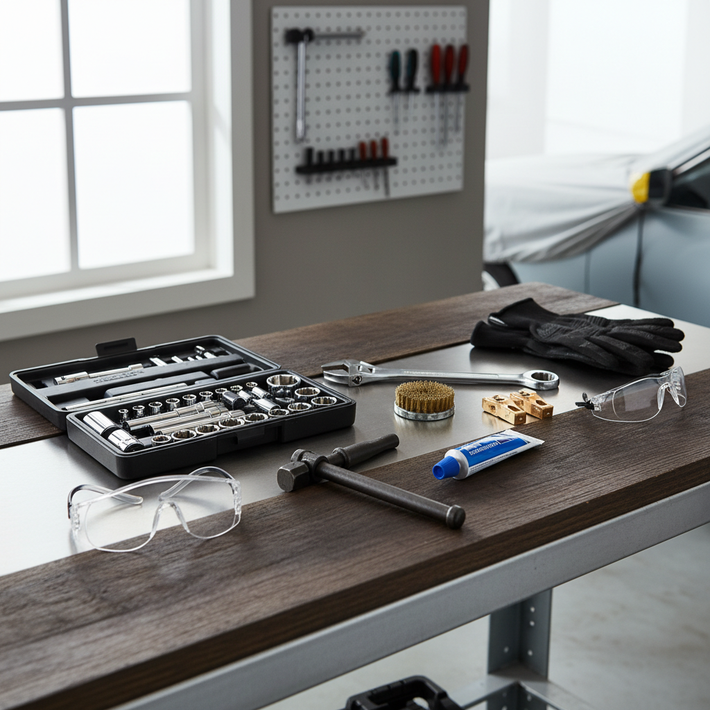 Car battery terminal clamp replacement tools laid out on a workbench