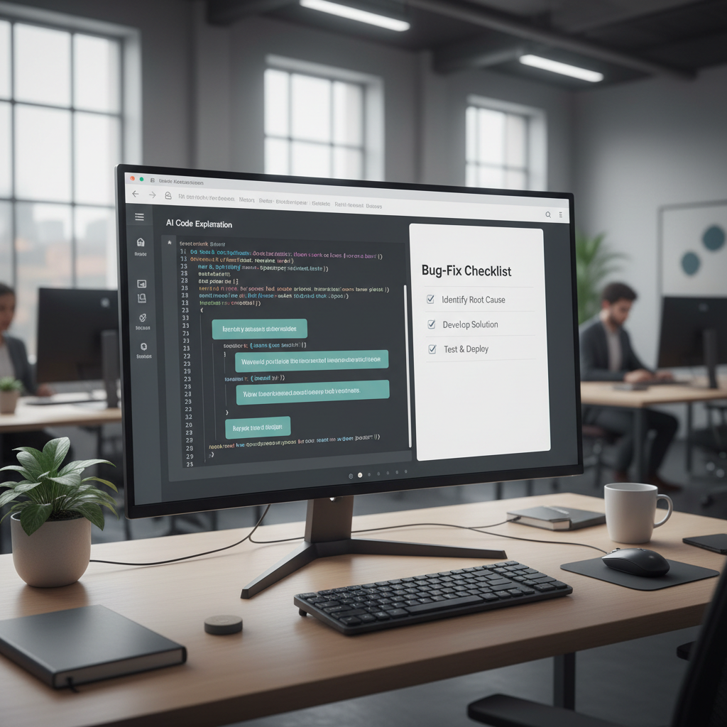 Side-by-side view of AI-generated code explanation and a bug fix checklist