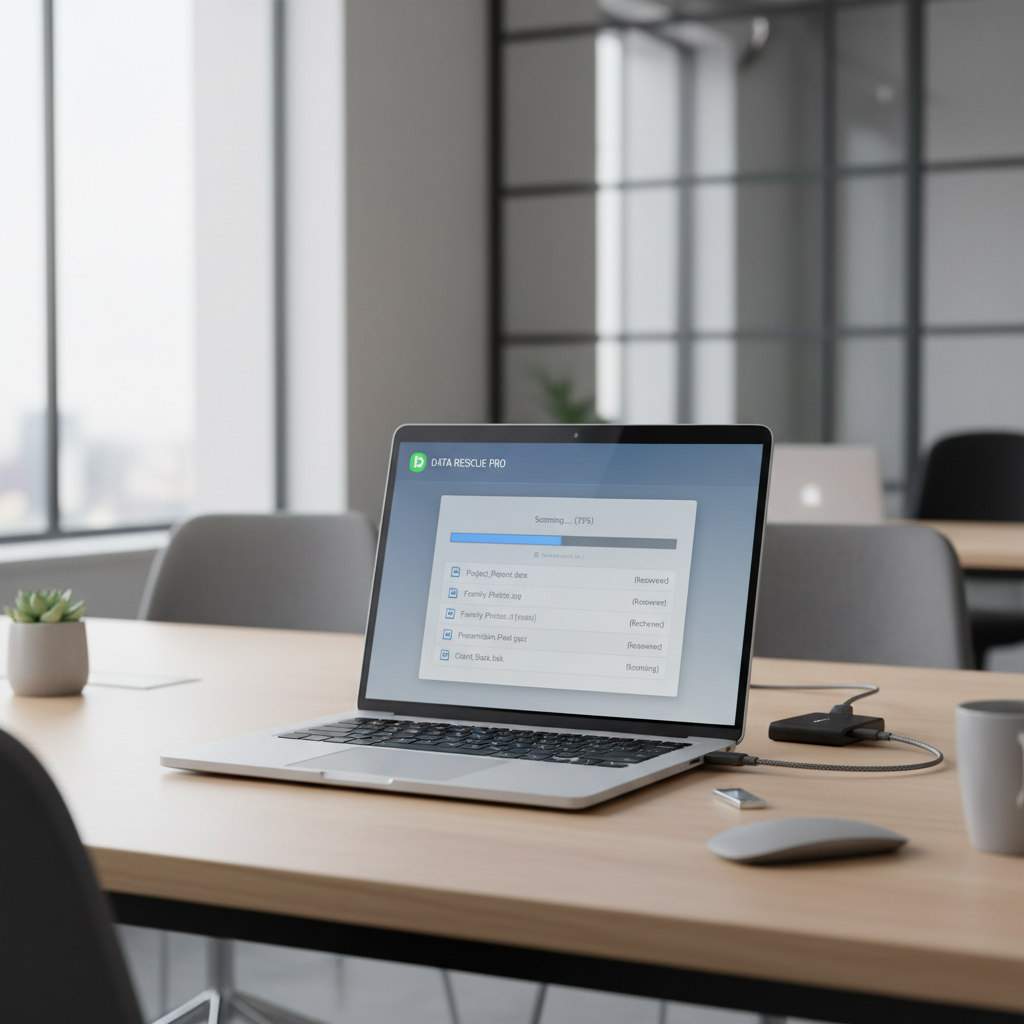 Laptop recovering deleted files from a USB flash drive using data recovery software