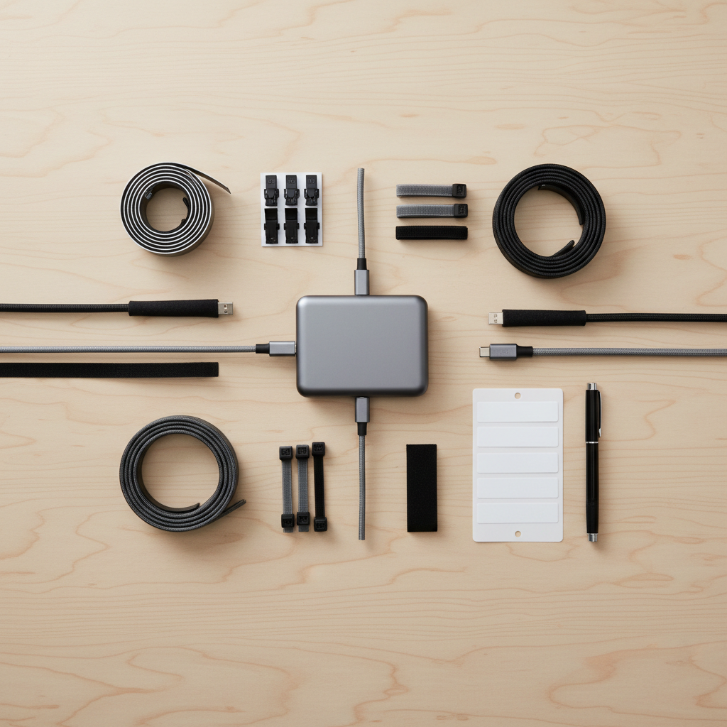 Cable management accessories for a multi-device charging station including clips, labels, and sleeves