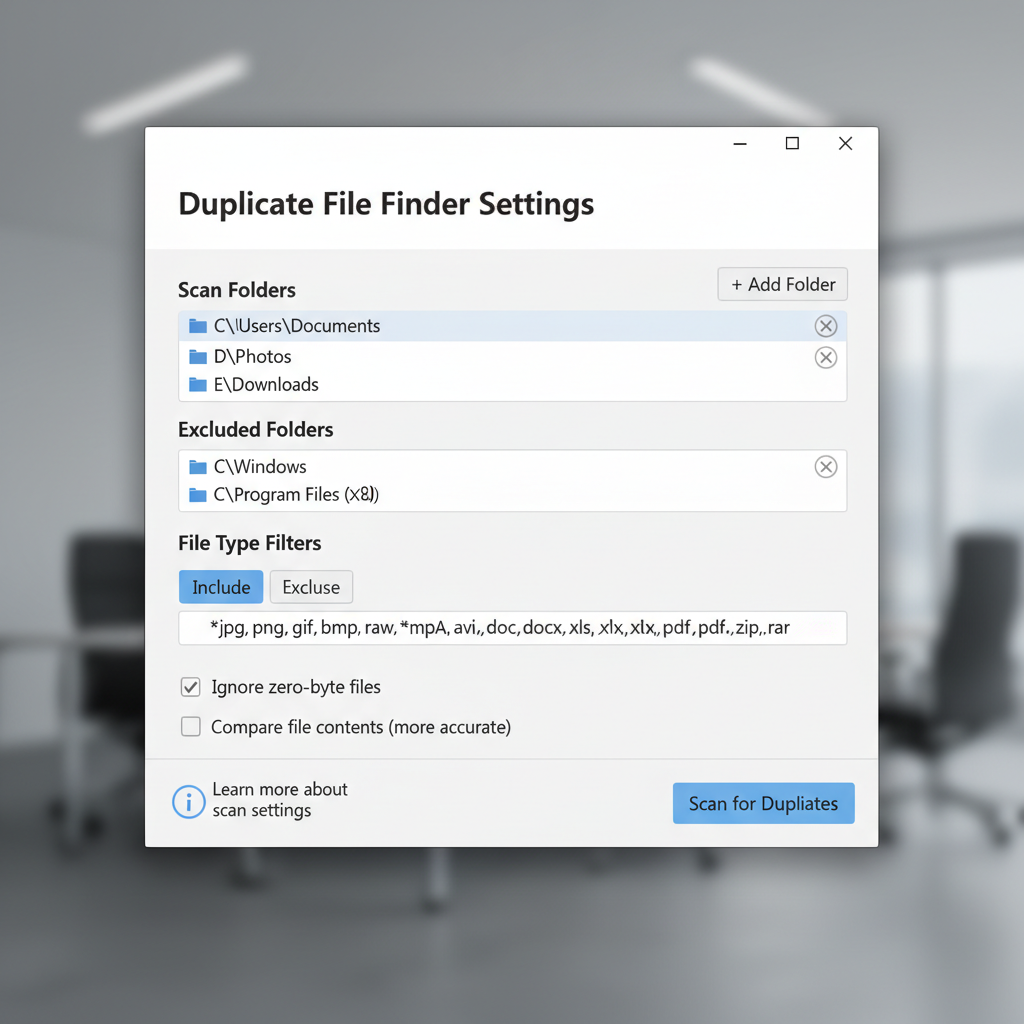 Duplicate file finder settings showing scan locations and exclusions on Windows