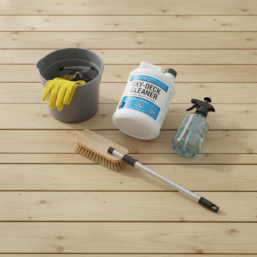 Deck cleaning supplies laid out: oxygen bleach cleaner, pump sprayer, nylon brush, gloves