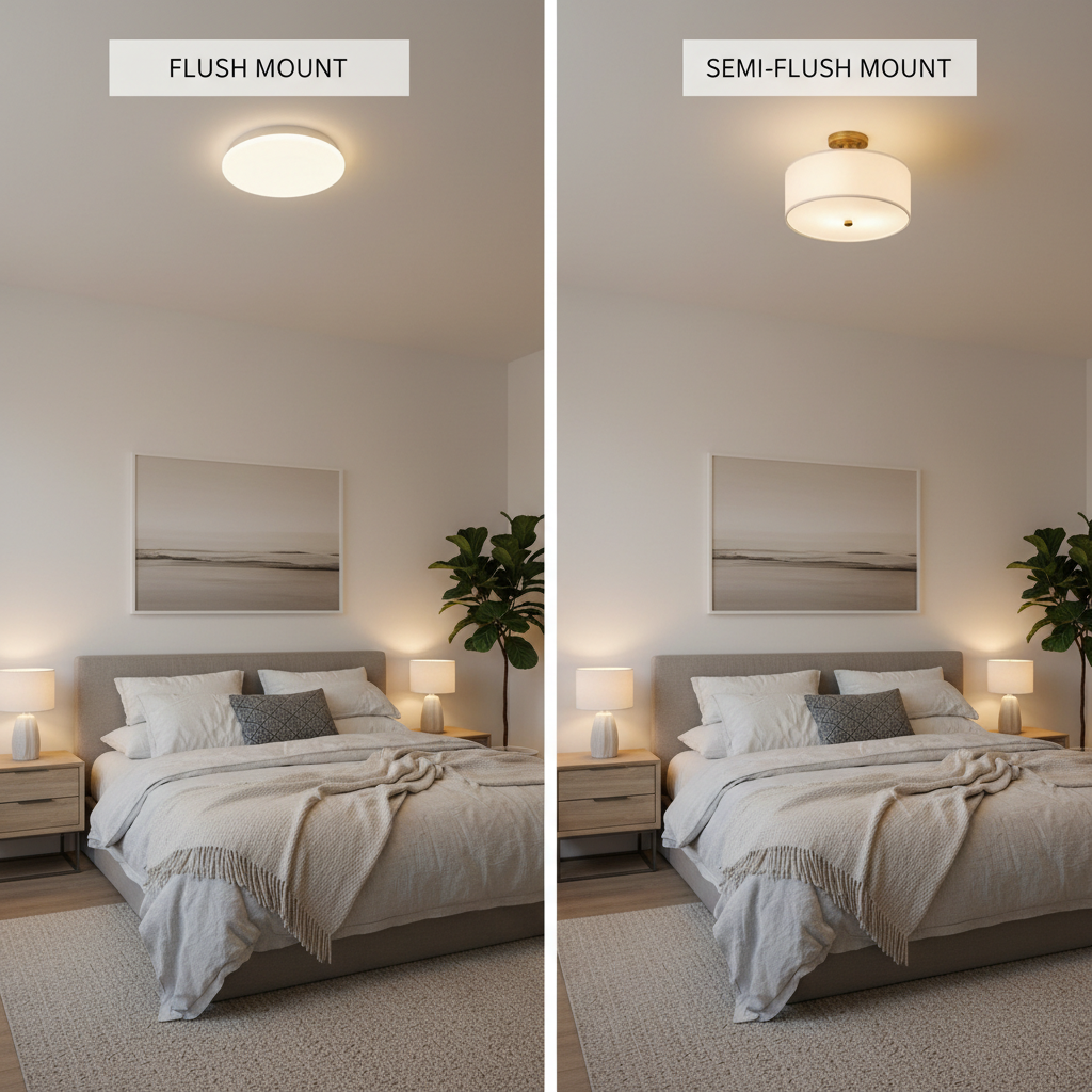 Comparison of flush mount and semi-flush ceiling lights in a bedroom