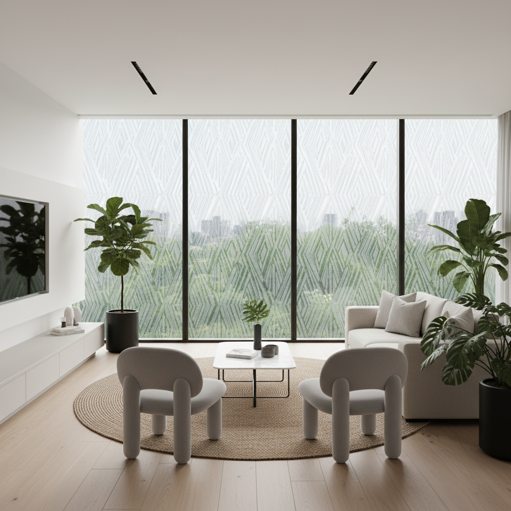 Living room window with decorative privacy film and natural light
