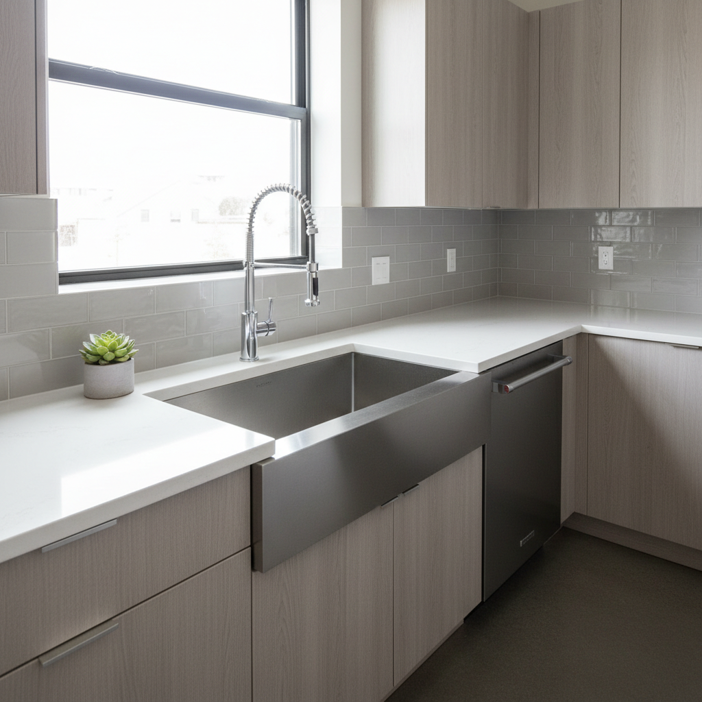 Modern kitchen sink with pull-down faucet showing arc height and workspace clearance