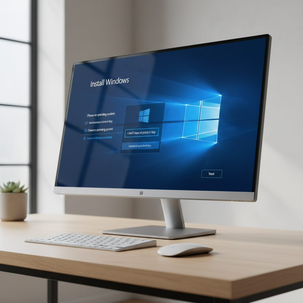 Windows setup screen showing I dont have a product key option