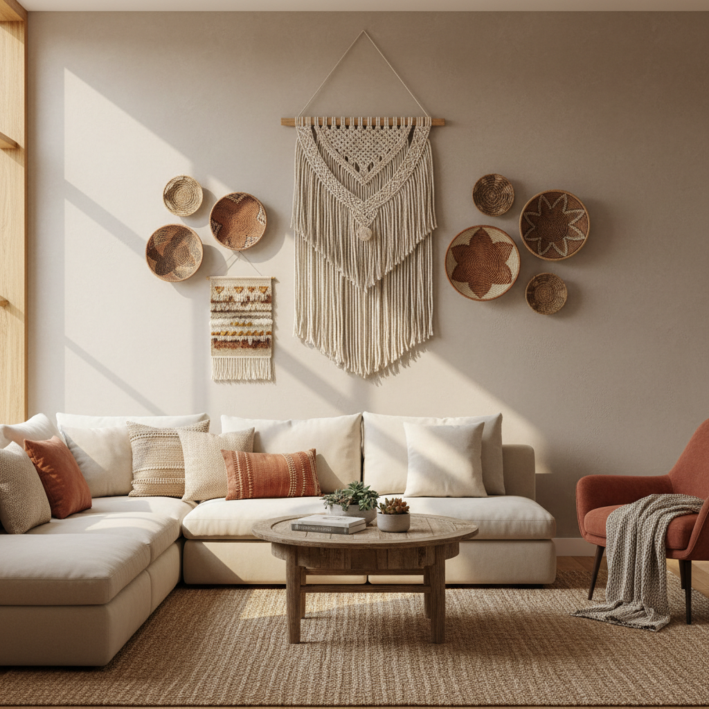 Boho style wall hanging decor DIY ideas displayed on a neutral living room wall