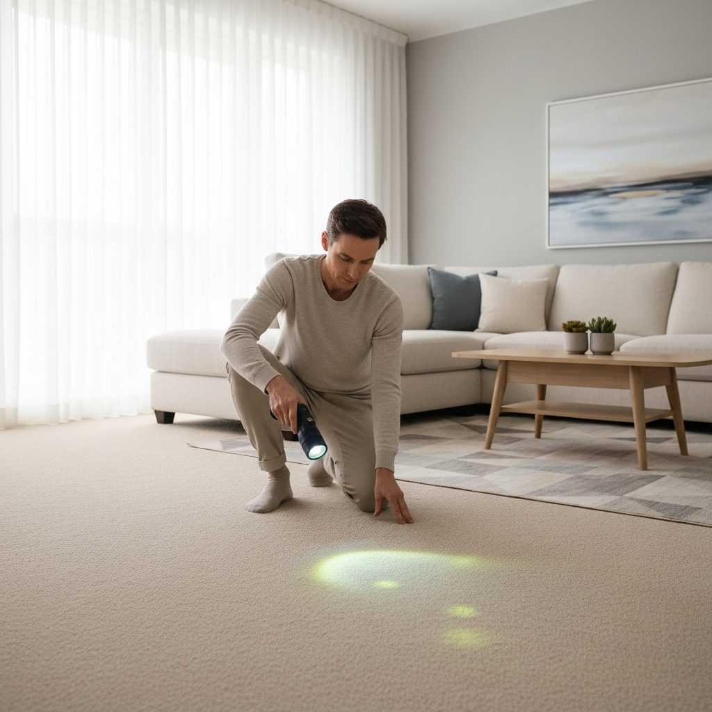Finding pet urine spots on carpet using a UV blacklight in a living room