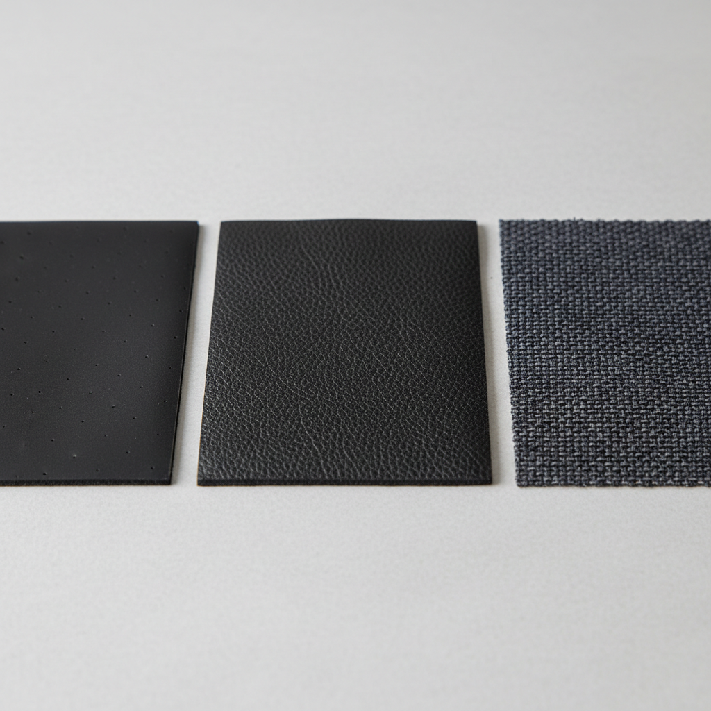 Close-up comparison of neoprene, faux leather, and cloth car seat cover materials