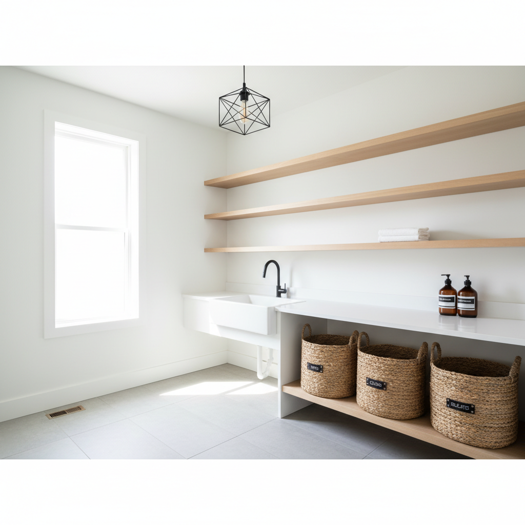 Scandinavian style laundry room organization with light wood shelves and labeled baskets