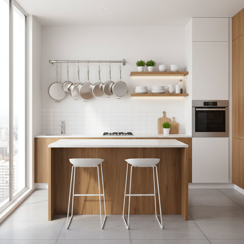 Wall mounted pot rack above counter in a small kitchen saving cabinet space