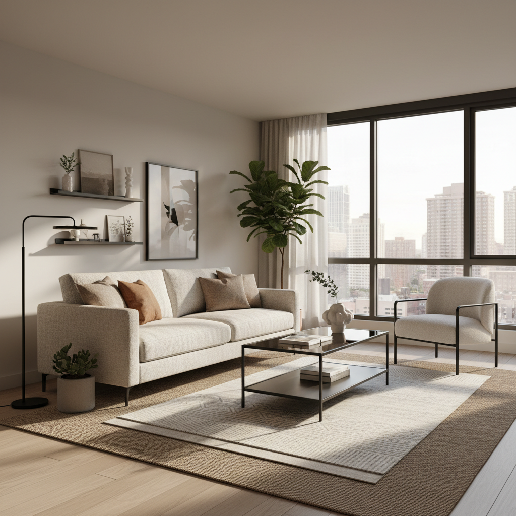 Warm urban modern living room with textured neutrals and black accents