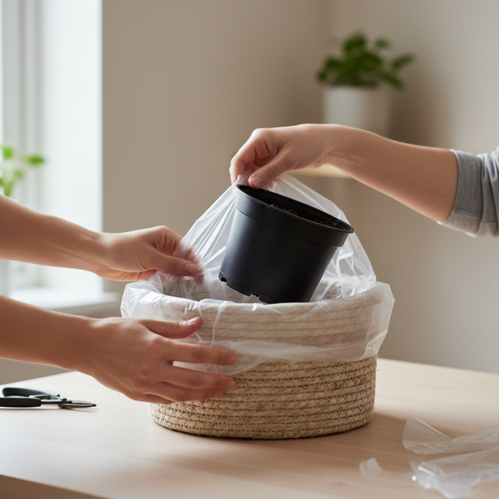 Hands lining a woven basket planter with plastic and fitting a nursery pot